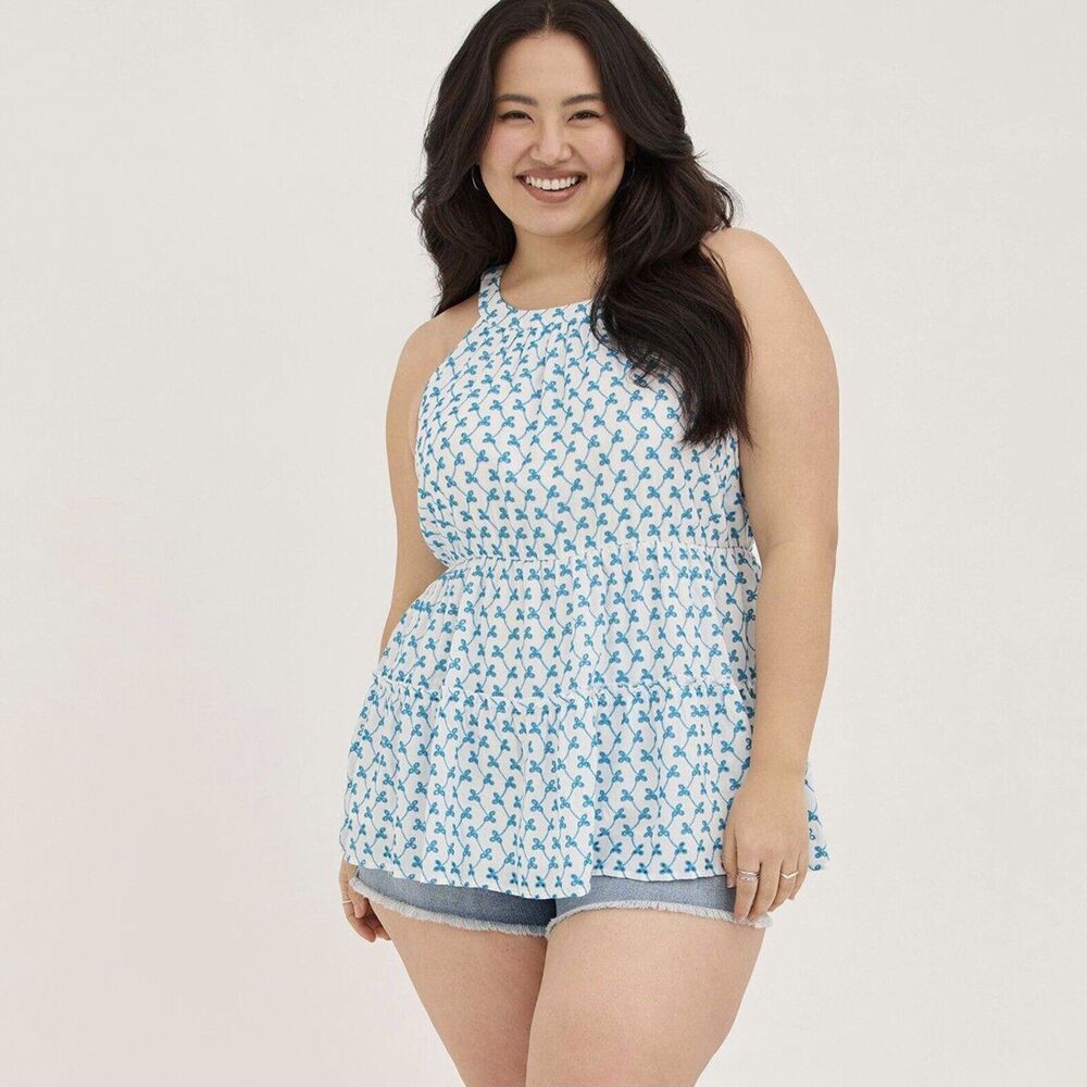 Torrid Floral Embroidered Eyelet Tank Top White Blue Boho Tiered Size 1X